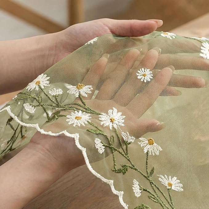 Artoid Mode Daisy Floral Fern Green Shaped Gauze Embroidery Table Runner 120 Inch 10FT, Tulle Spring Summer Kitchen Dining Table Decor for Home Party
