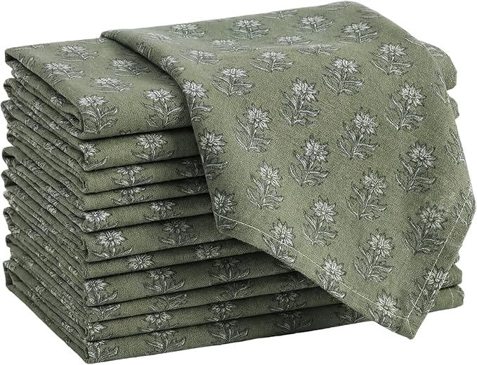 Mindsoft Set of 12 Floral Cloth Napkins Linen Cloth Napkins Spring Flower Wildflowers Dinner Napkin 18 x 18 Inch Vintage Washable Reusable for Dinner Home Restaurant Wedding Decor(Green,12 Pcs)