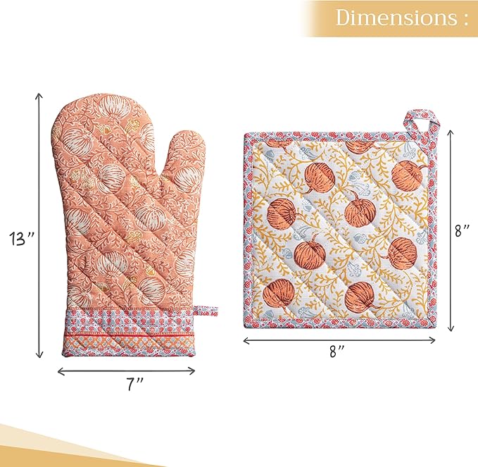 Maison d' Hermine 100% Cotton Oven Mitt & Pot Holder Set (7.5"x13" & 8"x8") Heat Resistant BBQ Cooking Gloves with Loop for Thanksgiving Christmas Decorations Handling Hot Pans (Harvest Festival)