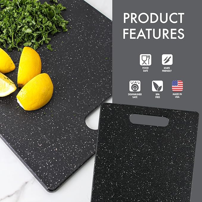 Dexas Superboard Cutting Board with Handle 8.5 x 11 inch Midnight Granite, Compact Kitchen Prep Board, Dishwasher Safe, Non-Porous Poly Surface, Made in USA