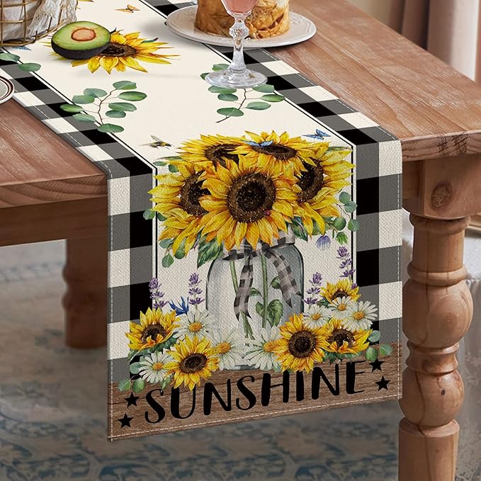 Sunflower Table Runner Summer Decorations for Home, Sunflower Kitchen Decor Dining Table Decor for Seasons Farmhouse Home Party Indoor Outdoor 13x72 in