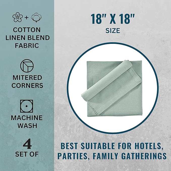 Cloth Napkins Dinner Washable Set of 4 in Cotton Linen Fabric Premium Quality, Mitered Corners for Reusable Every Day Use Pre Shrunk and Good Absorbency Christmas Cloth Napkins (Pack of 4, Aqua)