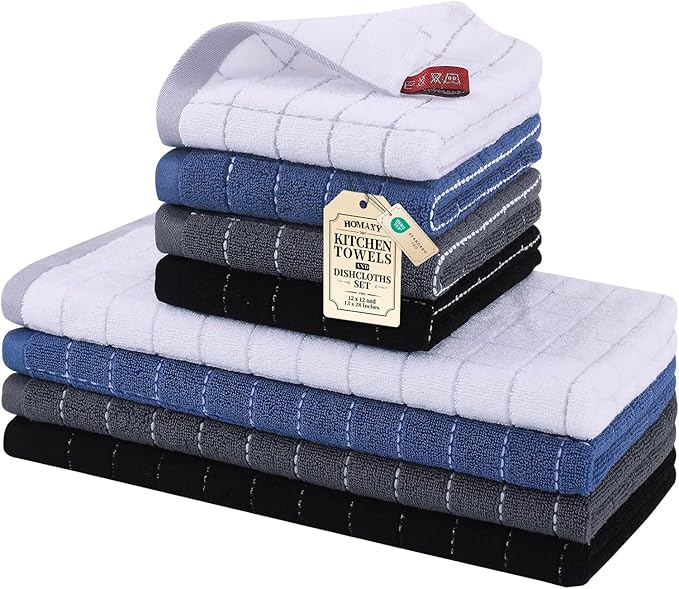 Homaxy Kitchen Towels and Dishcloths Set, 12 x 12 and 13 x 28 Inches, Set of 8 Bulk Cotton Terry Kitchen Towels Set, Checkered Designed, Soft and Super Absorbent Dish Towels, Mixed Color