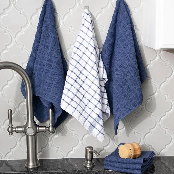 Ritz Premium Kitchen Towel and Dish Cloth Value Set: Highly Absorbent, Super Soft, Long-Lasting, 100% Cotton Checked and Solid Hand Towels, Tea Towels, Bar Towels - 6 Pack, Navy