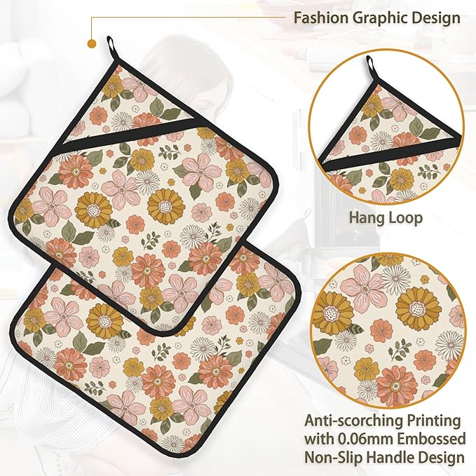 Retro Boho Groovy Flower Pot Holder Set of 2,Heat Resistant Potholders Oven Hot Pads for Kitchen Cooking Baking BBQ