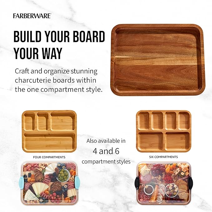 FARBERWARE Build-A-Board Acacia Cutting Board with Built-in Storage Compartments, Clear Locking Lid & White Handles, Great for Charcuterie & Snacks