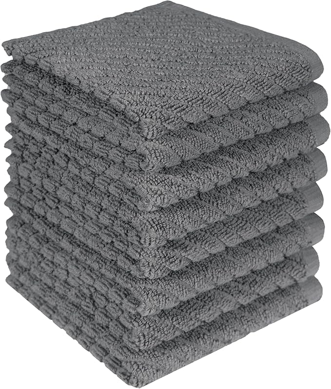 Bumble Towels Premium Kitchen Dish Cloths (12" x 12") | 8 Pack | Diagonal Deluxe Dish Cloth | High Absorbent Tea Towels Set | Gray