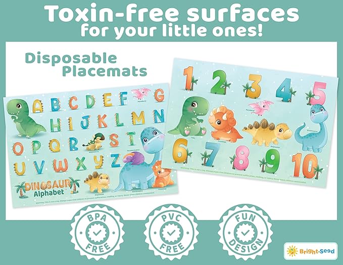 Bright Seed Disposable Placemats for Baby, Toddlers and Kids, 40 Disposable Baby Placemats for Restaurant, Dining Table & Travel, Learning Placemats for Kids, Toddler Travel, Dinosaurs ABC & Numbers