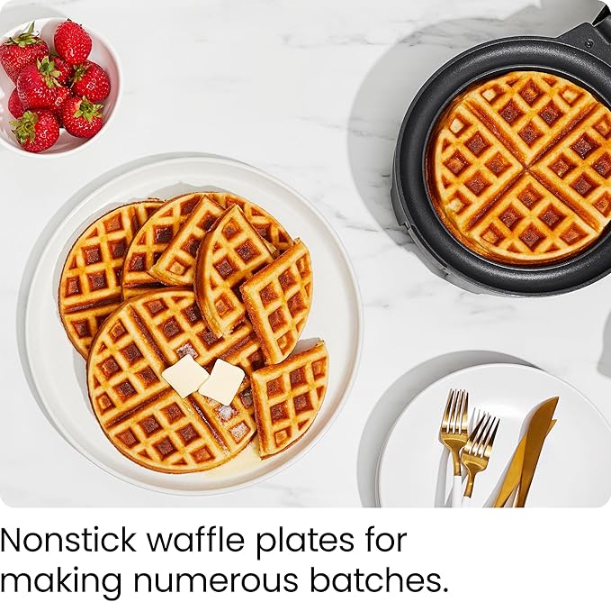 Chefman Anti-Overflow Belgian Waffle Maker w/Shade Selector, Temperature Control Mess Free Moat, Round Iron w/Nonstick Plates & Cool Touch Handle, Measuring Cup Included, Red