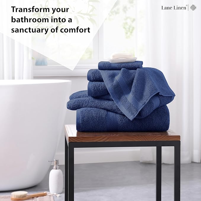 LANE LINEN Luxury Cotton Bath Towel Set - 6 Piece - Low Twist, Soft & High Absorbency - 2 Bath, 2 Wash cloths, 2 Hand Towels - Classic Hotel Quality, Durable & Ideal for Modern Bathrooms - Navy Blue