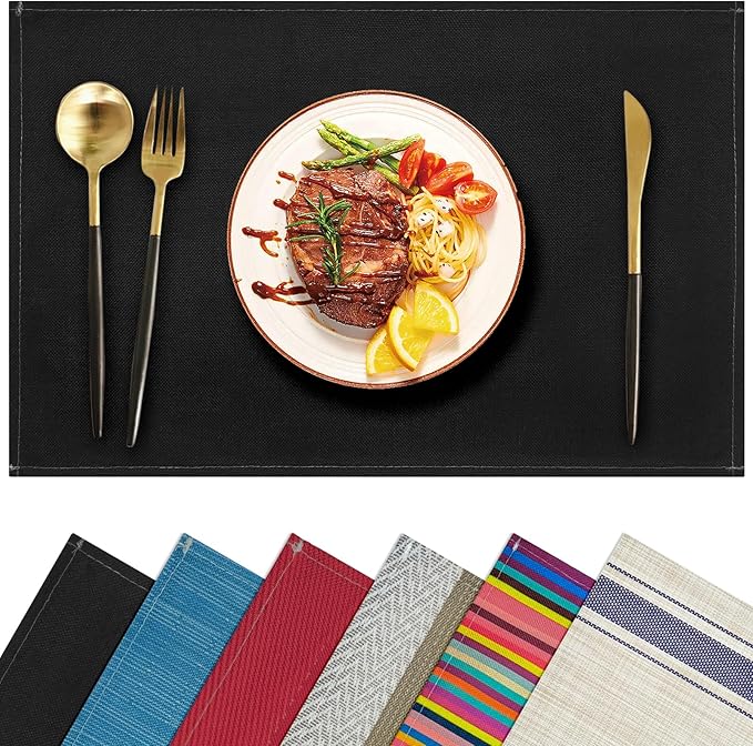 Black Placemats Set of 4, 12x18 Inch Heat-Resistant Washable Easy to Clean Place Mats, Faux Linen Cloth Table Mats Suitable for Indoor/Outdoor Parties & Kitchen Decor (Black)