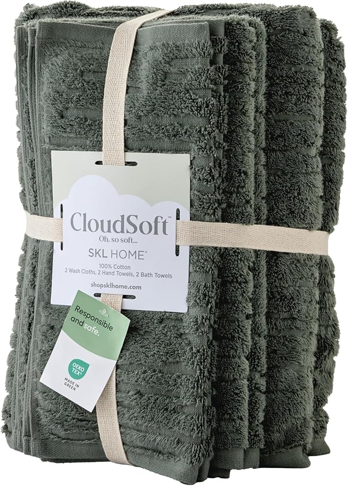 SKL Home CloudSoft 100% Cotton Luxury 6-Piece Towel Set, 600 GSM, Ultra Plush & Absorbent - 2 Bath Towels, 2 Hand Towels, 2 Washcloths, Green Pine