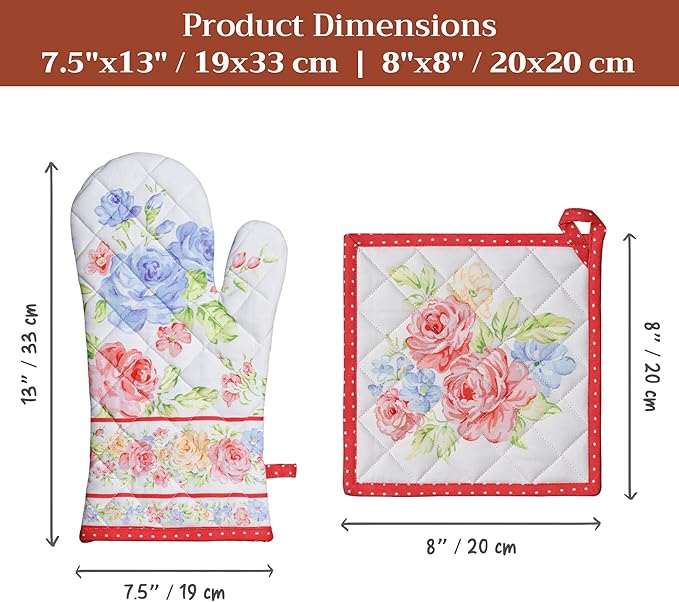 Maison d' Hermine 100% Cotton Oven Mitt & Pot Holder Set (7.5"x13" & 8"x8") Heat Resistant BBQ Cooking Gloves with Loop Baking Grilling Kitchen Gifts for Mothers Day Spring/Summer(Vintage Floral)