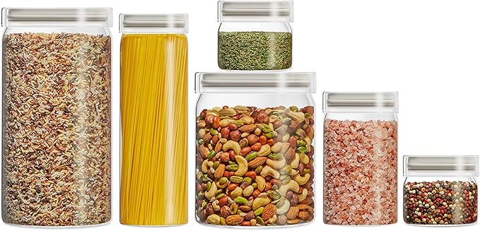 Pyrex 6-Pack Glass Canister Set - Dry Food Storage Containers with Glass Lids for Kitchen and Pantry Organization