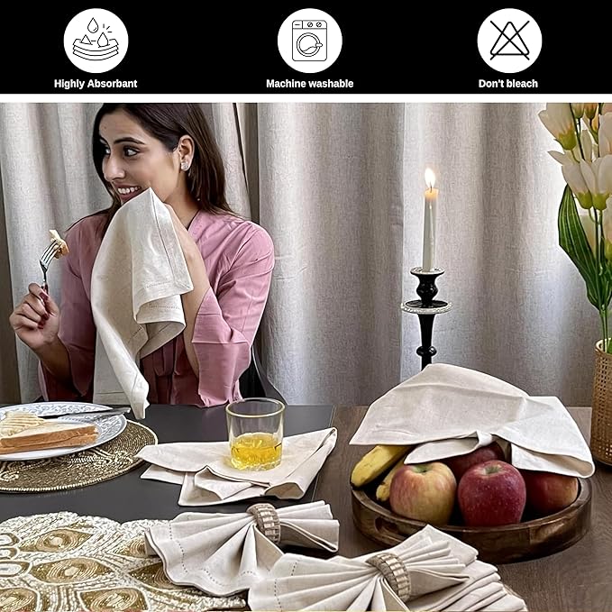Homidate Linen Flax Cotton Cloth Dinner Napkins Set of 12 – 18x18 Natural Fabric with Hemstitched Mitered Corners – Machine Washable Wedding, Cocktail & Party Table Napkins