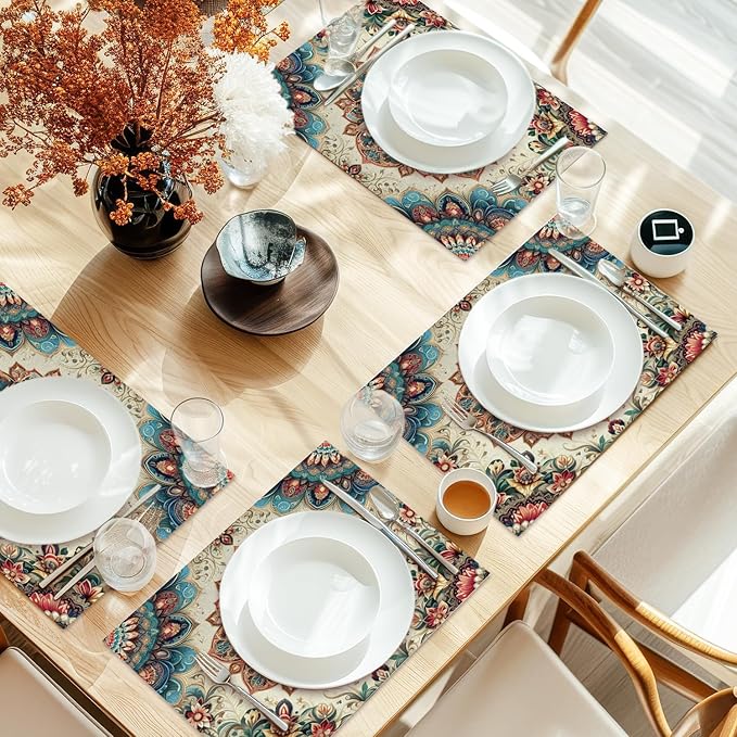 Cotton Linen Waterproof Placemats Set of 4, Boho Ethnic Style Dining Mat Table Mats Decor Fabric for Kitchen Dinner Coffee Shop Table, Indoor/Outdoor Washable Wipeable Placemat -N019