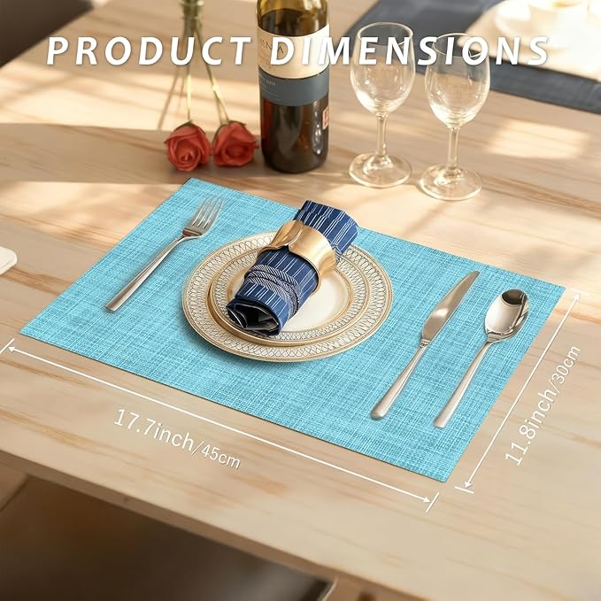 Durable Vinyl Placemats Set of 6, Non-Slip for Dining Table Mat, Heat Resistant Place Mats, Washable Anti-Slip PVC Easy to Clean Wipeable Premium Plastic Mats for Kitchen Blue