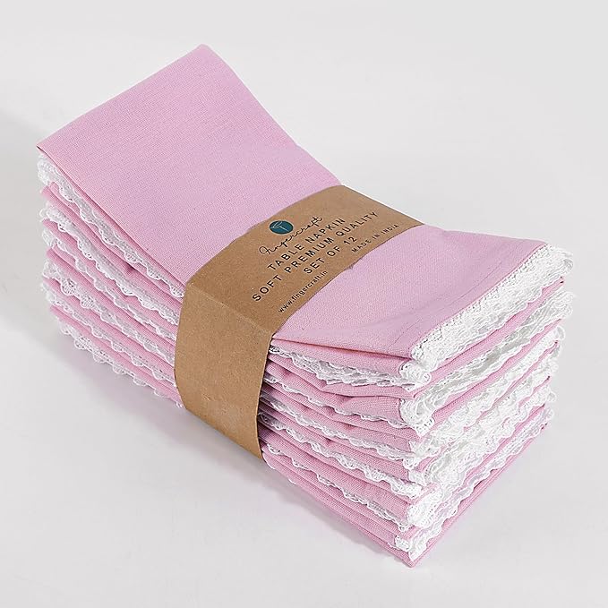 Fingercraft Dinner Cloth Napkin Cotton Linen Blend 12 Pack Mitered Corners with Elegant Lace for Everyday Use Napkins are Pre Shrunk and Good Absorbency (Pastel Rose, 20in x 20in (Set of 12))