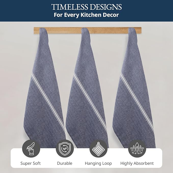 Lane Linen Kitchen Towel Set, 6 Pack 100% Cotton Hand Towels for Kitchen, Dish Towels for Drying Dishes, Lint Free, 14"x25", Good for Cleaning Windows, Ceramic Surface, Glass Stovetops - Blue Chambray