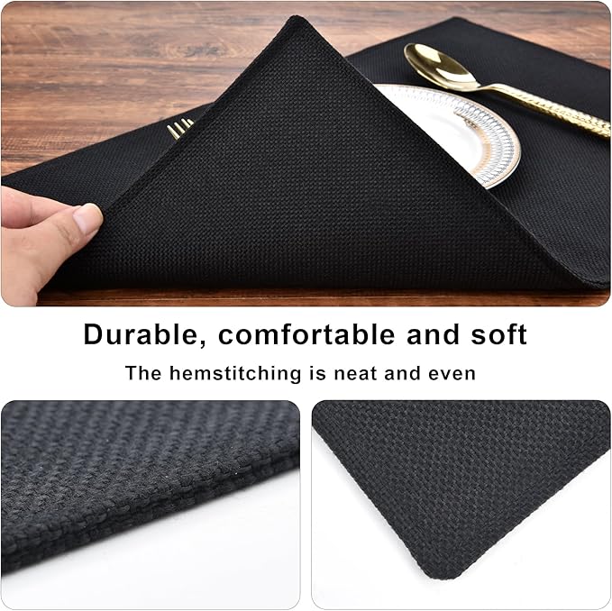 SLKQG Black Linen-Look Placemats Set of 8, Heat Resistant & Machine Washable Double-Layered Cloth Placemats for Dining Table, Indoor/Outdoor Use, Non-Slip Kitchen Table Mats (8, Black)