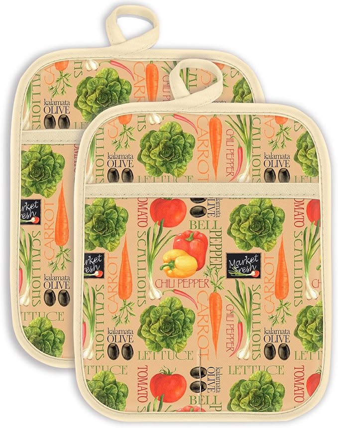 Swooflia 100% Cotton Pot Holders 2 Pack Set for Kitchen with Pockets - Cute 440°F Heat Resistant Oven Hot Pads Heavy Duty for Countertop Home Cooking Baking Microwave BBQ Vegetables