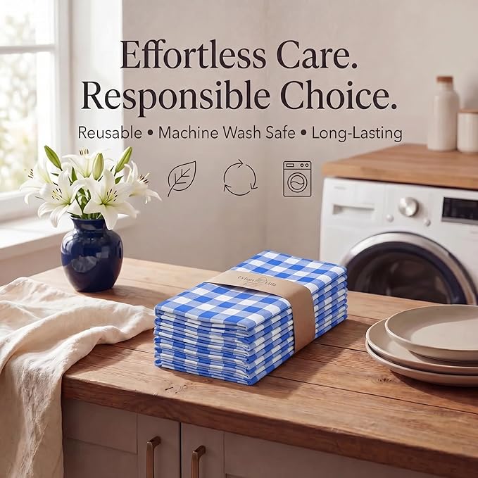 Urban Villa Cloth Napkins 100% Cotton Dinner Napkins Highly Absorbent 20x20 Inches (Set of 12) Blue White Buffalo Checks Reusable Washable Soft Durable Premium Napkins Ideal for Home Wedding Parties