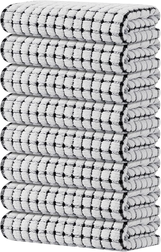 Kitinjoy Cotton 8 Pack Terry Kitchen Towels, 16 x 25 Inches Super Soft and Absorbent Dish Towels, Quick Drying Hand Towels for Kitchen Drying, Black