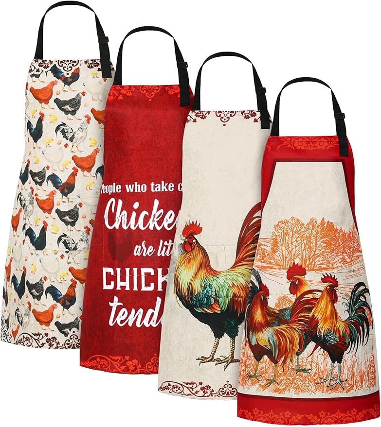 Geetery 4 Pcs Chicken Aprons for Women Rooster Print Apron Waterproof Adjustable for Kitchen Cooking