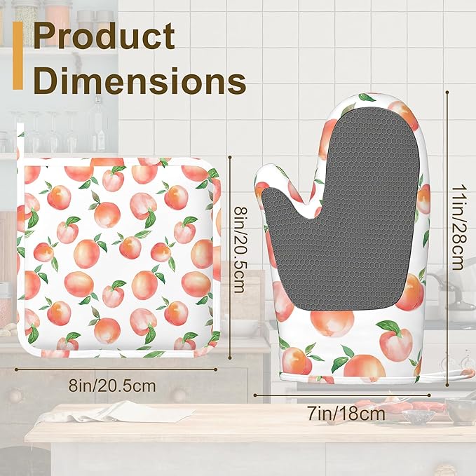 Watercolor Peaches Oven Mitts and Pot Holders Sets,Silicone Kitchen Mitts Potholders Heat Resistant 4Pcs Oven Gloves Hot Pads for Kitchen Baking Cooking