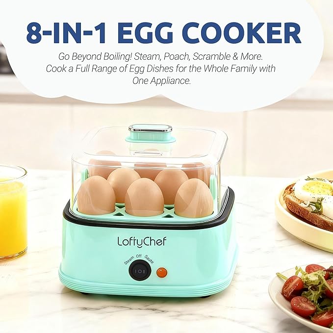 8-in-1 Electric Egg Cooker for Soft, Medium, Hard boiled eggs, Auto Shut-Off Compact Egg Bite Maker, Dishwasher Safe Rapid Egg Steamer for Poached & Scrambled Eggs, Omelets, Blue