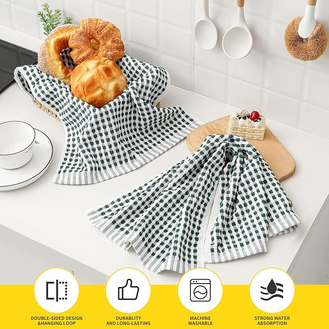 SALAS Cotton Dish Towels Cloths for Kitchen Drying Dishes, Lattice Terry Kitchen Towels, Highly Absorbent Kitchen Cloths with Hanging Loop, 16‘’ x 26‘’, 4 Packs, Green