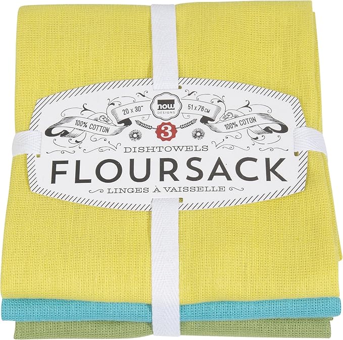 Now Designs Floursack Kitchen Dish Towels,Cotton, Chartreuse/Turquoise/Leaf 20 x 30in, Small, Set of 3