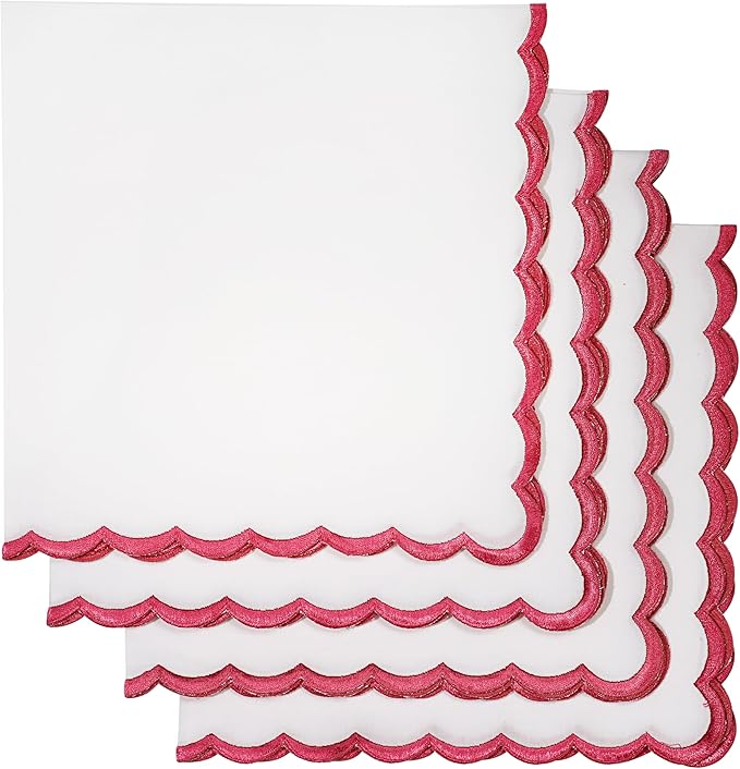 Ridhi Cloth Napkins 100% Pure Cotton Farmhouse Wedding Dinner Napkins Gift for Spring, Easter, Valentine, Holiday, Everyday Napkin (4-18" x 18" White with Pink Edge)