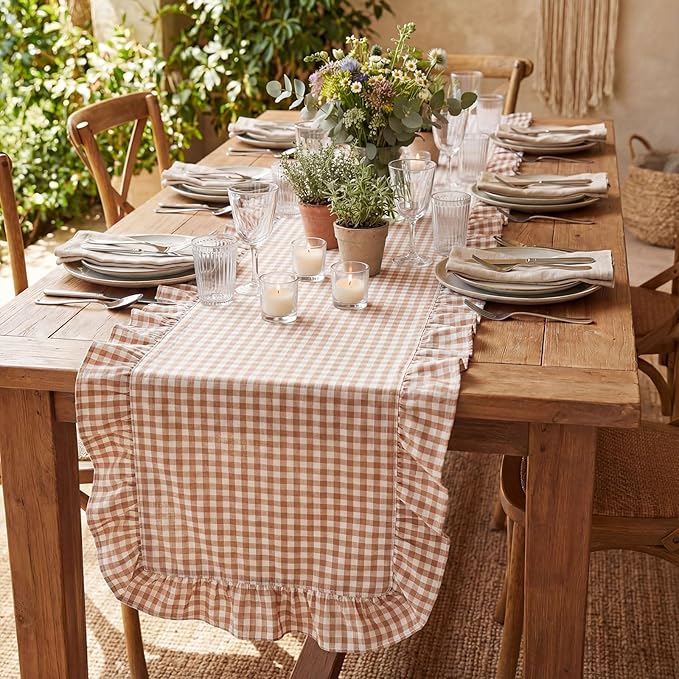 HunnmingRe 1 Pcs Brown Plaid Gingham Ruffle Table Runner 118 x 13.8'' Farmhouse Table Runner 100% Cotton Scalloped Long Dresser Scarves for Dining Room, Wedding, Kitchen Rustic Home Decor