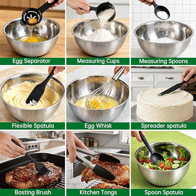 Deedro Premium Mixing Bowls with Airtight Lids Set, 22Pcs Thicker Stainless Steel Mixing Bowl Set, Large Prep Metal Bowls, Non-Slip Silicone Base Nesting Bowls for Kitchen, 1.5/2/3/4/5 QT, Black