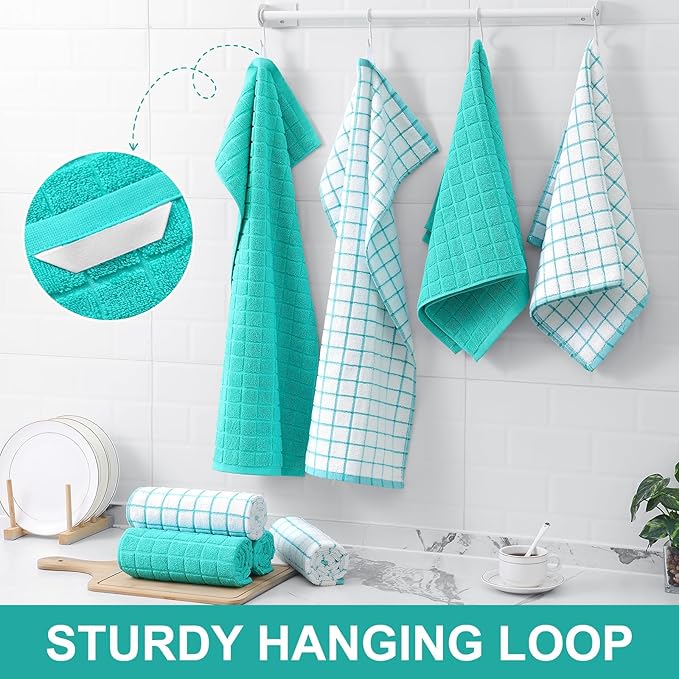 Homaxy Premium Cotton Kitchen Towels 16"x 28", Large Natural Ring Spun 390 GSM Dish Towels, Super Absorbent Terry Kitchen Hand Towels, Soft Tea Towels with Hanging Loop, Aqua Check Design, 6 Pack