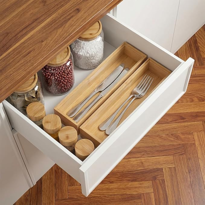 Lemecima Kitchen Drawer Organizer, Bamboo Utensil Tray Set of 4 for Silverware, Office, Bathroom & Pantry Storage, Natural Wood Compartments (11.8"x3"x2")