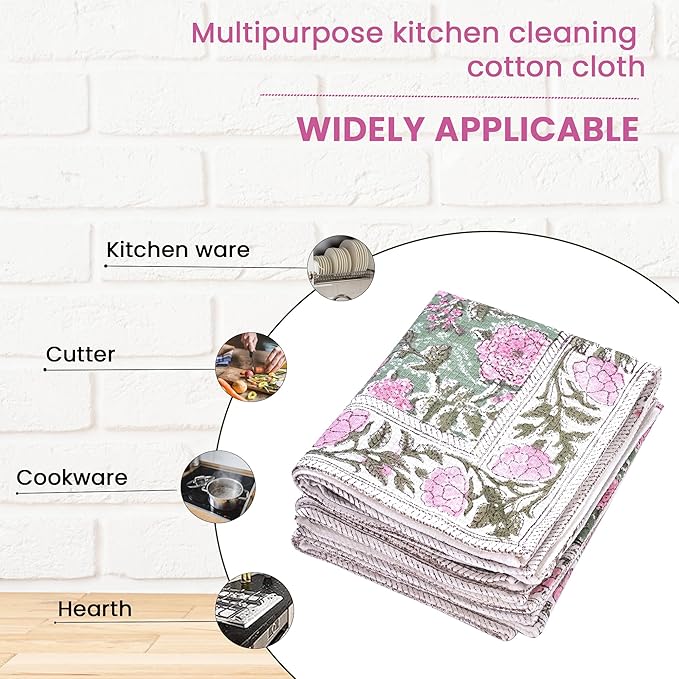CPC Pink Tourmaline Hand Block Print Waffle Kitchen Towel Set of 3-16 x 28 Inch Ultra Absorbent Quick Dry Cotton Lightweight Reusable Sustainable Tea Towels for Cleaning and Drying Gift for Christmas