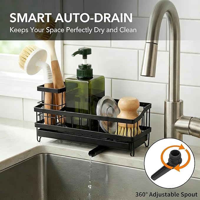 Sink Caddy with 360° Rotating Self Draining, Countertop Sponge Holder, Sink Side Organizer for Bottle Brushes, Sink Accessories for Kitchen, Bathroom - Black
