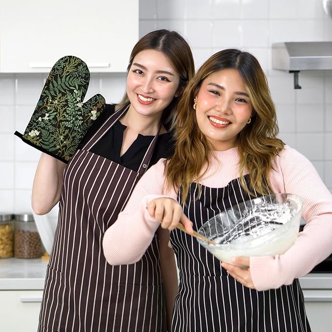 Botanical Print Floral Oven Mitts and Pot Holders Sets Black Sage Green Leaves Kitchen Oven Gloves Hot Pads Farmhouse Potholders and Kitchen Mitts 4Pcs for Baking Cooking BBQ (Black)