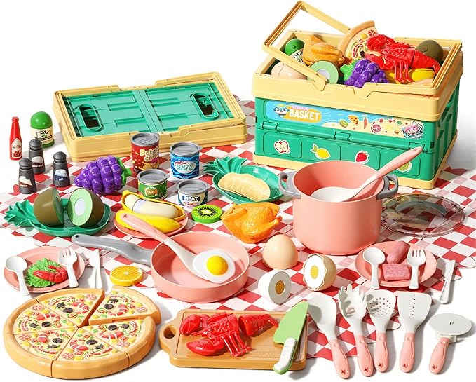 80pcs Pretend Play Kitchen Set for Toddlers, Kids Cookware Playset with Pots/Pans/Food/Fruits/Vegetables/Picnic Blanket/Storage Basket, Pink Educational Learning Toy Gift for Boys & Girls