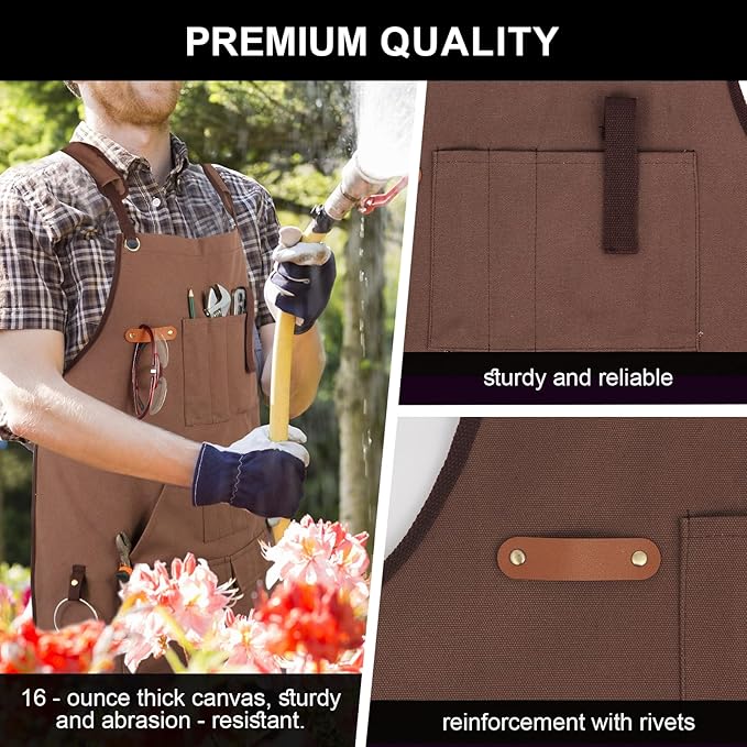 Men's Canvas Tool Apron, Heavy Duty Multi-Pocket Work Apron for Woodworking Gardening Bartender Adjustable Straps