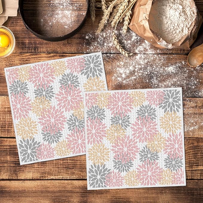 Artoid Mode Pink Dahlia Floral Kitchen Dish Cloths, 12x12 Inch Quick Dry Microfiber Dishcloths for Kitchen Premium Dish Rags Set of 2