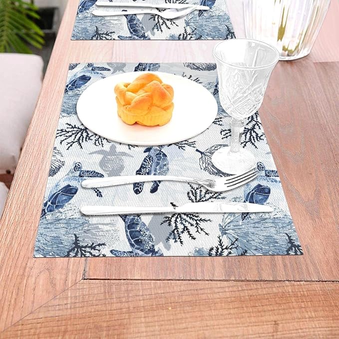 Ocean Themed Linen Placemats Set of 4, Blue White Turtle Coral Heat-Resistant Washable Non-Slip Place Mats for Kitchen Dining Table, Gift for Navy Beach Sea Life Lovers, Kitchen Home Decor Essential