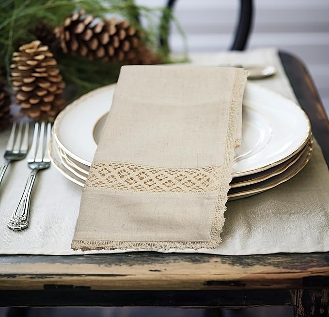 COTTON CRAFT Cloth Napkins with Lace - Set of 8 Natural Cotton Flax Elegant Everyday Fall Harvest Thanksgiving Holiday Table Lunch Dinner Napkins - Washable Reusable Serviette - 17x17 inches