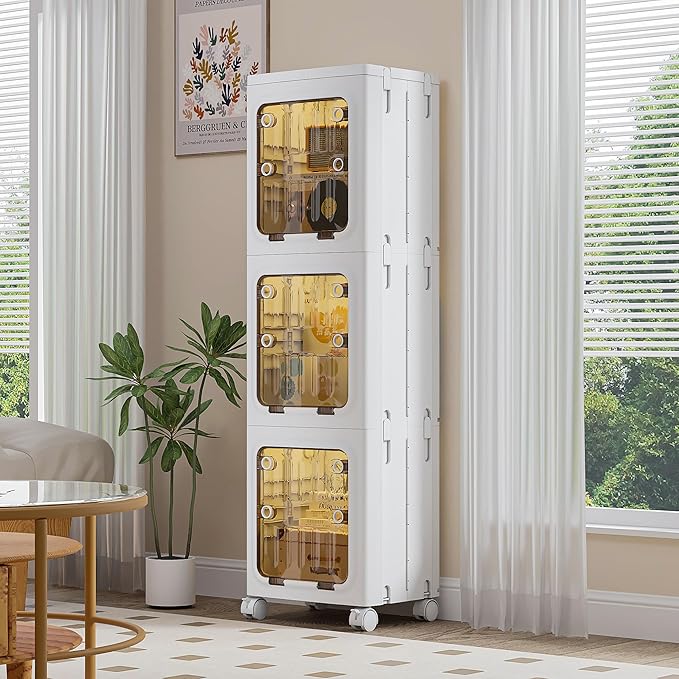 VECELO 143 QT Stackable Storage Bins with Lids, Tall Slim 3-Tier Organizer with Wheels, Lockable Clear Doors, Foldable Storage Cabinet for Kitchen, Bathroom, Laundry & Bedroom