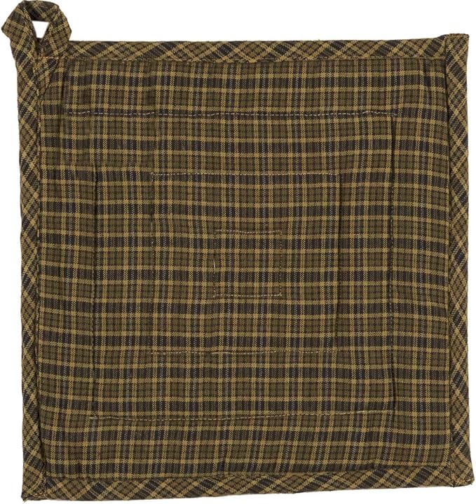 VHC Brands Tea Cabin Pot Holder Patchwork 8x8 Log Cabin Country Rustic Lodge Kitchen Tabletop Design, Moss Green and Deep Red