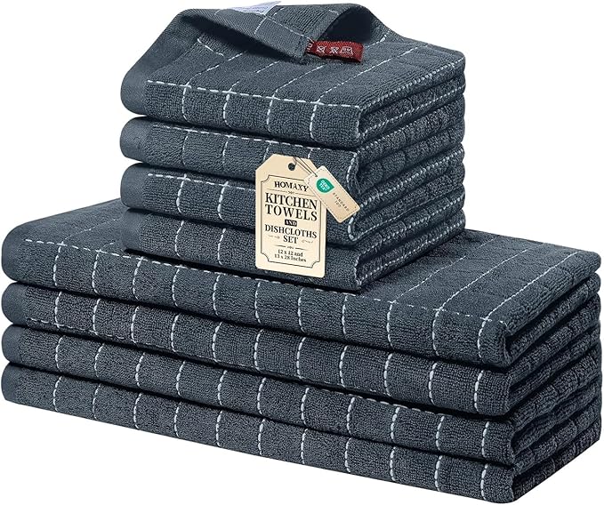 Homaxy Kitchen Towels and Dishcloths Set, 12 x 12 and 13 x 28 Inches, Set of 8 Bulk Cotton Terry Kitchen Towels Set, Checkered Designed, Soft and Super Absorbent Dish Towels, Dark Grey