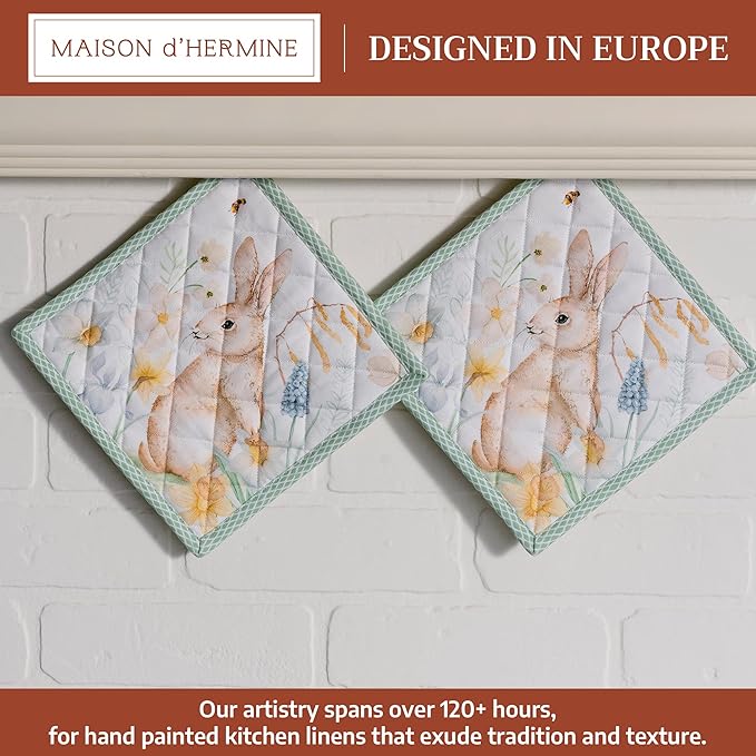 Maison d' Hermine Pot Holders 100% Cotton Heat Resistant Potholders 8" x 8" Hot Pads with Loop BBQ Cooking Baking Gifts for Mothers Day Handling Hot Pans Spring/Summer (Pack of 2, Easter Dew)