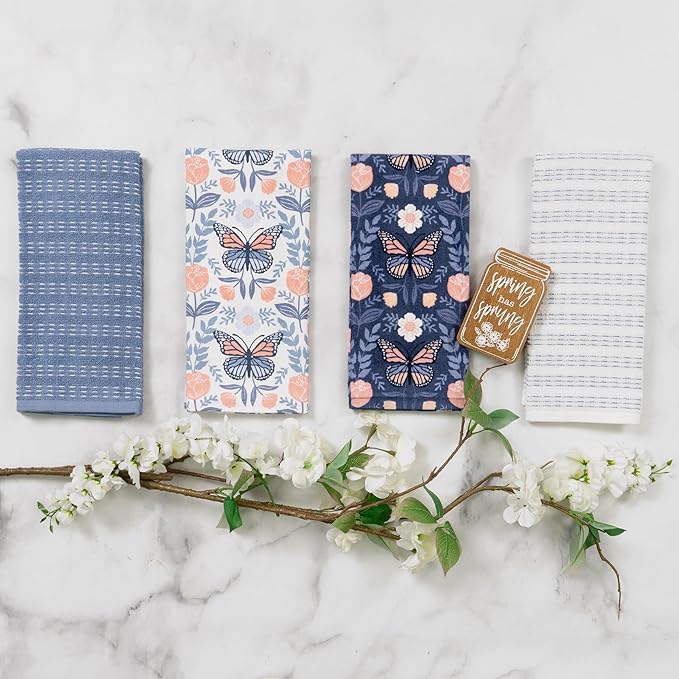 Ritz 100% Cotton Kitchen Towels, Butterfly Spring – 16"x26" – Absorbent Dish Towels for Drying & Cleaning – Soft & Durable (Set of 4)